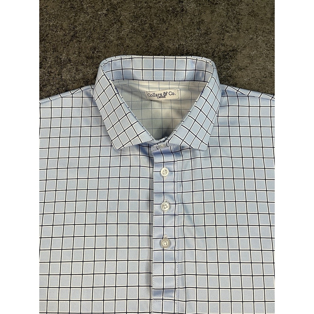 Collars & Co Dress Collar Polo Shirt Mens Large Light Blue Check Performance EUC